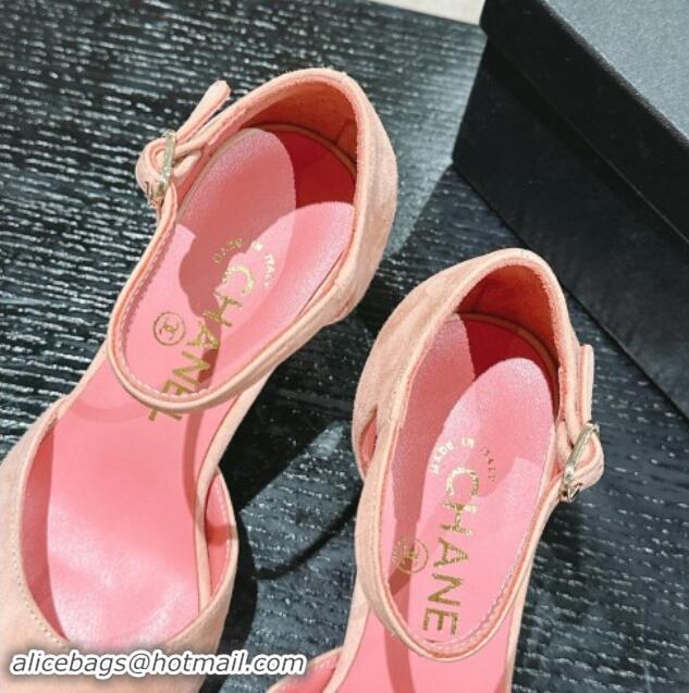 Best Grade Chanel Suede Mary Janes Pumps 6.5cm with Strass Peachy Pink 910133