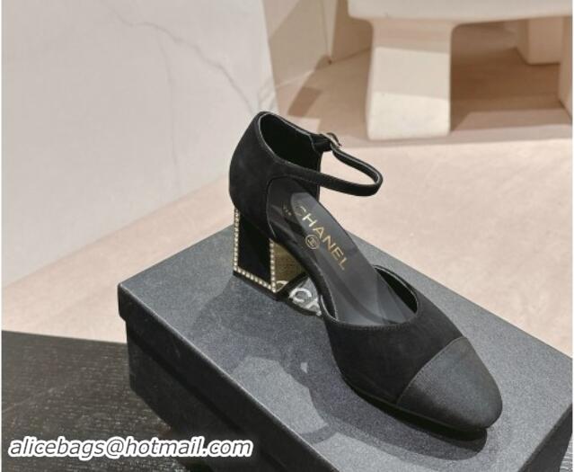 Shop Duplicate Chanel Suede Mary Janes Pumps 6.5cm with Strass Black 910135