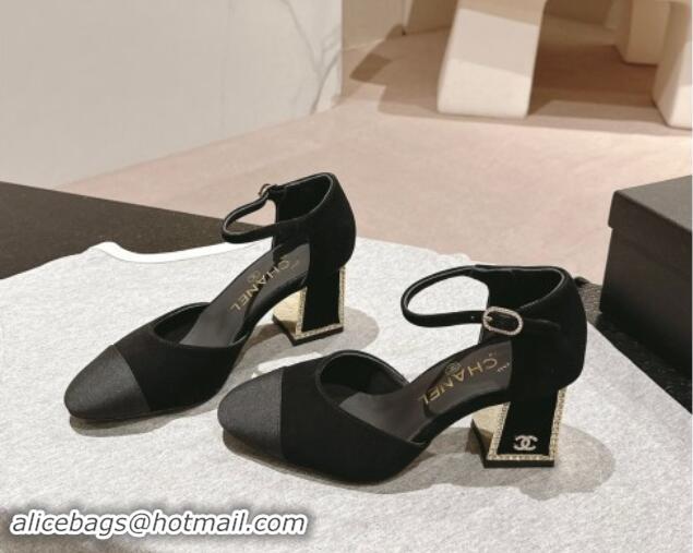 Shop Duplicate Chanel Suede Mary Janes Pumps 6.5cm with Strass Black 910135