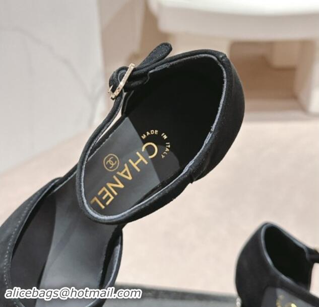 Shop Duplicate Chanel Suede Mary Janes Pumps 6.5cm with Strass Black 910135