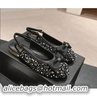 Hot Style Chanel Tweed & Embroidery Slingbacks Flat with Bow Black 910137