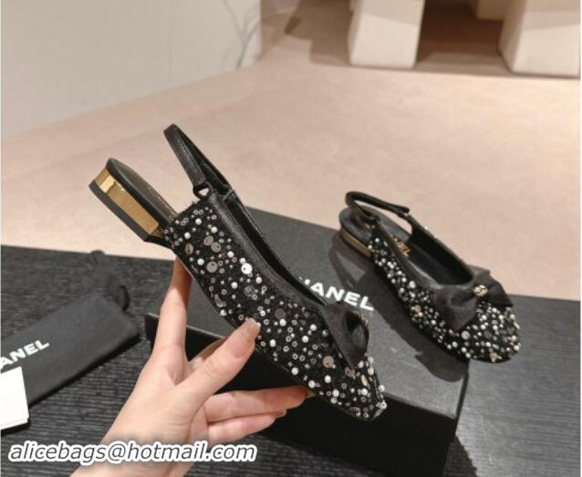 Hot Style Chanel Tweed & Embroidery Slingbacks Flat with Bow Black 910137