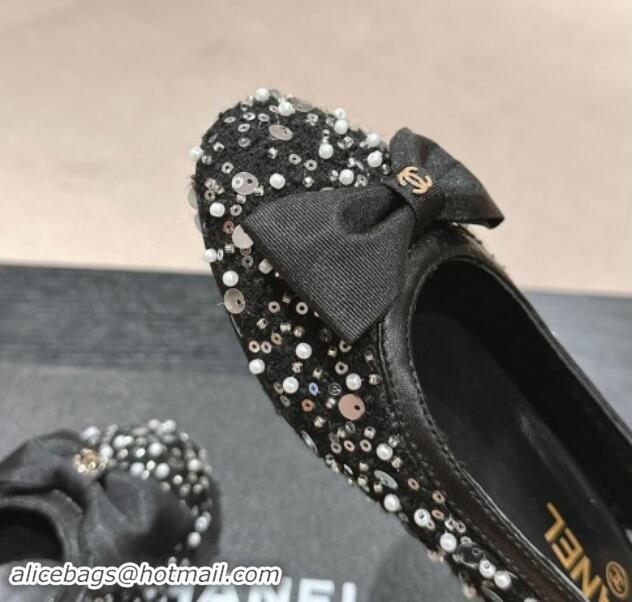 Hot Style Chanel Tweed & Embroidery Slingbacks Flat with Bow Black 910137