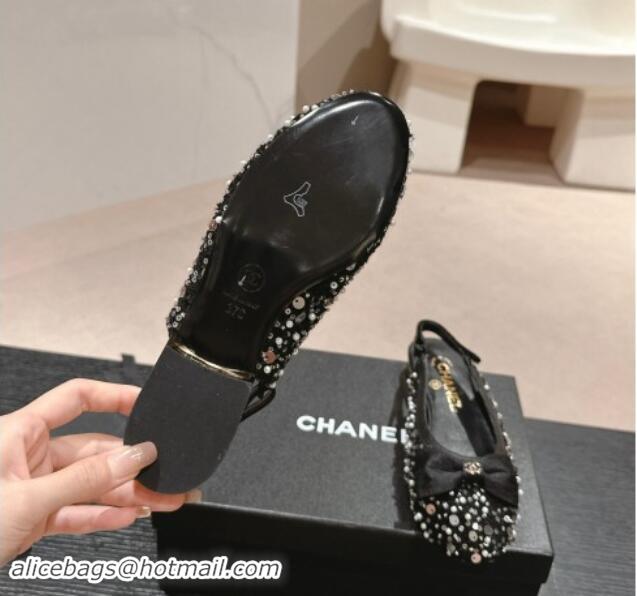 Hot Style Chanel Tweed & Embroidery Slingbacks Flat with Bow Black 910137