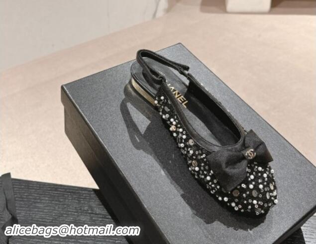 Hot Style Chanel Tweed & Embroidery Slingbacks Flat with Bow Black 910137