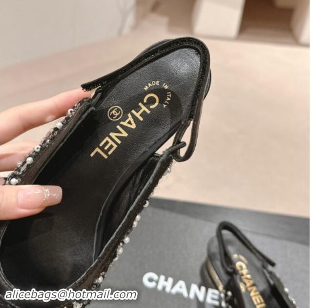 Hot Style Chanel Tweed & Embroidery Slingbacks Flat with Bow Black 910137