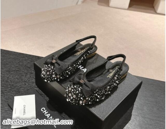 Hot Style Chanel Tweed & Embroidery Slingbacks Flat with Bow Black 910137