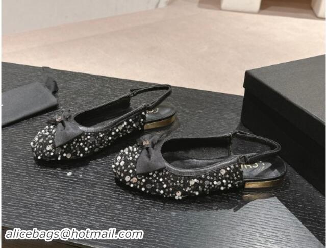 Hot Style Chanel Tweed & Embroidery Slingbacks Flat with Bow Black 910137