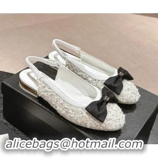 Purchase Chanel Tweed & Embroidery Slingbacks Flat with Bow White 910136