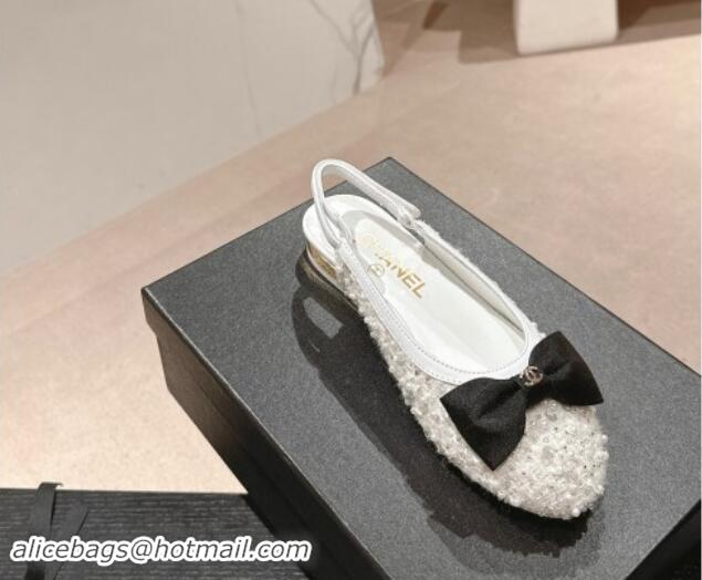 Purchase Chanel Tweed & Embroidery Slingbacks Flat with Bow White 910136