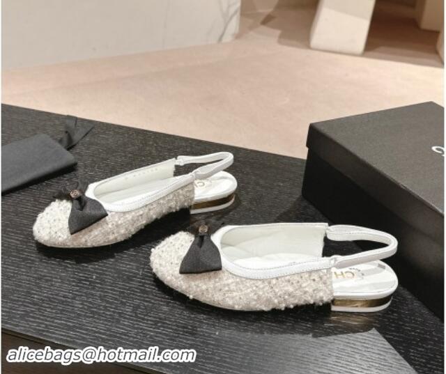 Purchase Chanel Tweed & Embroidery Slingbacks Flat with Bow White 910136