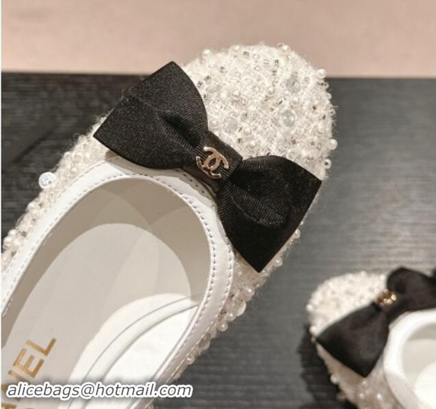 Purchase Chanel Tweed & Embroidery Slingbacks Flat with Bow White 910136