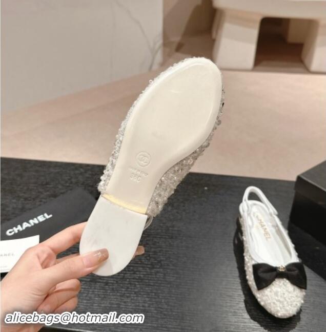 Purchase Chanel Tweed & Embroidery Slingbacks Flat with Bow White 910136