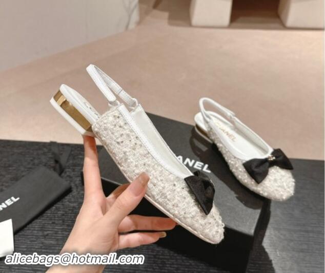 Purchase Chanel Tweed & Embroidery Slingbacks Flat with Bow White 910136