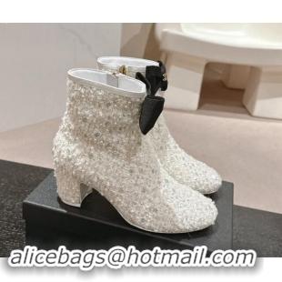 Good Looking Chanel Tweed & Embroidery Heel Ankle Boots with Bow White 910138