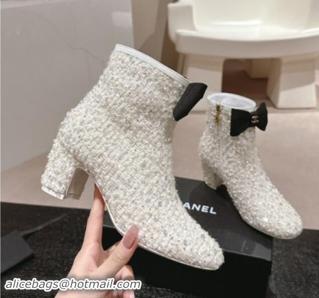 Good Looking Chanel Tweed & Embroidery Heel Ankle Boots with Bow White 910138