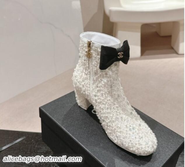 Good Looking Chanel Tweed & Embroidery Heel Ankle Boots with Bow White 910138