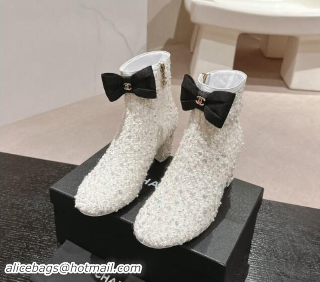 Good Looking Chanel Tweed & Embroidery Heel Ankle Boots with Bow White 910138