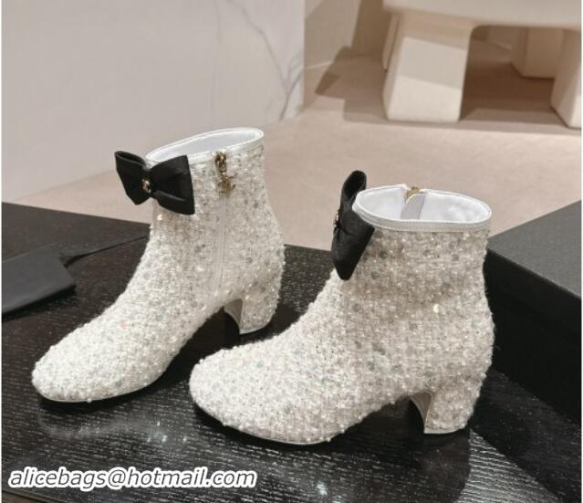 Good Looking Chanel Tweed & Embroidery Heel Ankle Boots with Bow White 910138