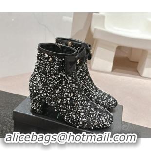 Stylish Chanel Tweed & Embroidery Heel Ankle Boots with Bow Black 910139