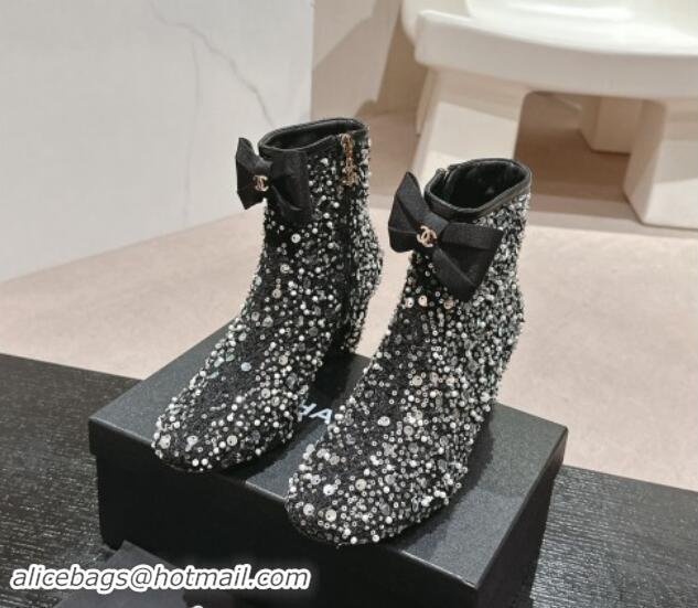 Stylish Chanel Tweed & Embroidery Heel Ankle Boots with Bow Black 910139