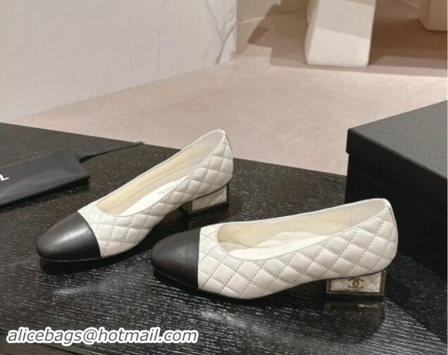 Sumptuous Chanel Quilted Lambskin Leather Low-Heel Pumps White 0910140