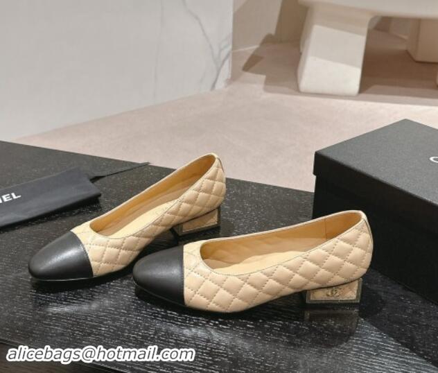 Sumptuous Chanel Quilted Lambskin Leather Low-Heel Pumps Beige 910141