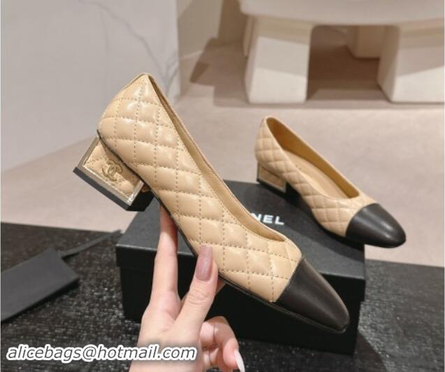 Sumptuous Chanel Quilted Lambskin Leather Low-Heel Pumps Beige 910141