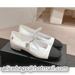 Luxury Chanel Silk Satin & Grosgrain Mary Janes Flat with Strass White 0910143