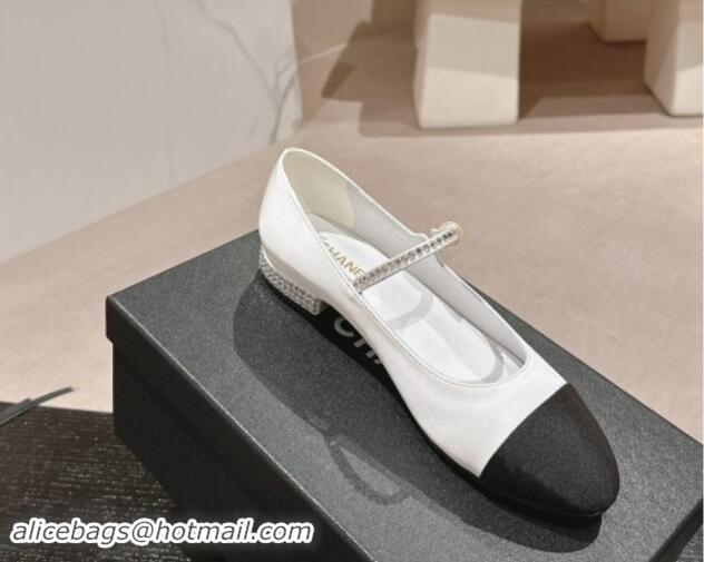 Luxury Chanel Silk Satin & Grosgrain Mary Janes Flat with Strass White 0910143