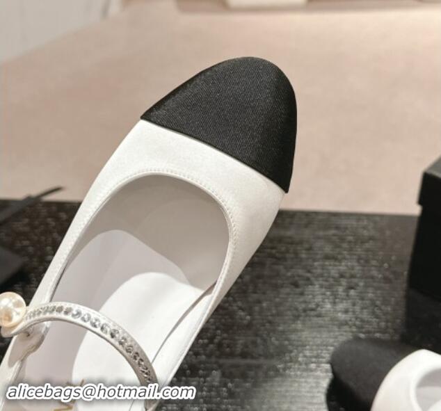 Luxury Chanel Silk Satin & Grosgrain Mary Janes Flat with Strass White 0910143