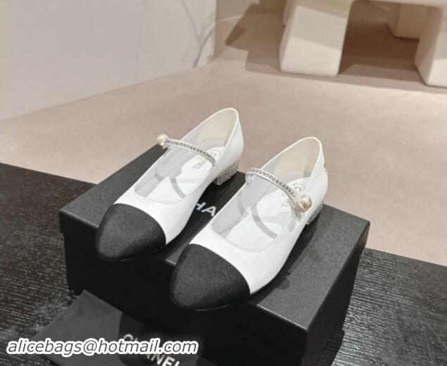 Luxury Chanel Silk Satin & Grosgrain Mary Janes Flat with Strass White 0910143