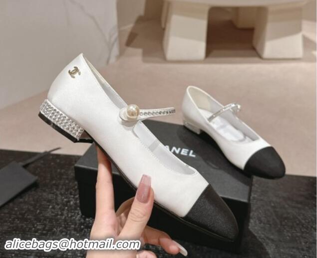 Luxury Chanel Silk Satin & Grosgrain Mary Janes Flat with Strass White 0910143