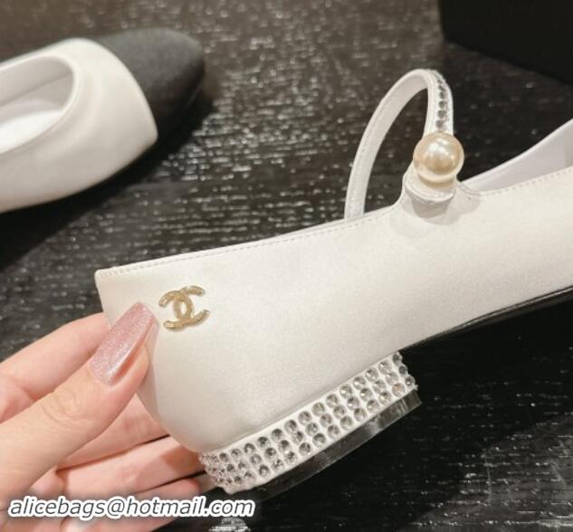 Luxury Chanel Silk Satin & Grosgrain Mary Janes Flat with Strass White 0910143