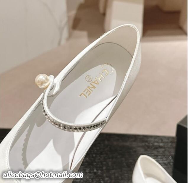 Luxury Chanel Silk Satin & Grosgrain Mary Janes Flat with Strass White 0910143