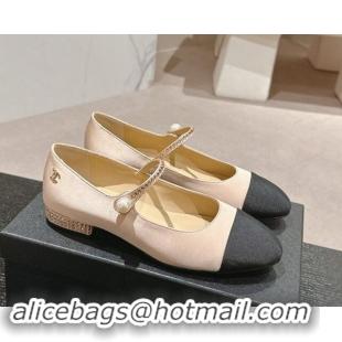 Perfect Chanel Silk Satin & Grosgrain Mary Janes Flat with Strass Beige 910144