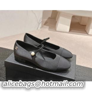 Best Product Chanel Silk Satin & Grosgrain Mary Janes Flat with Strass Black 910145