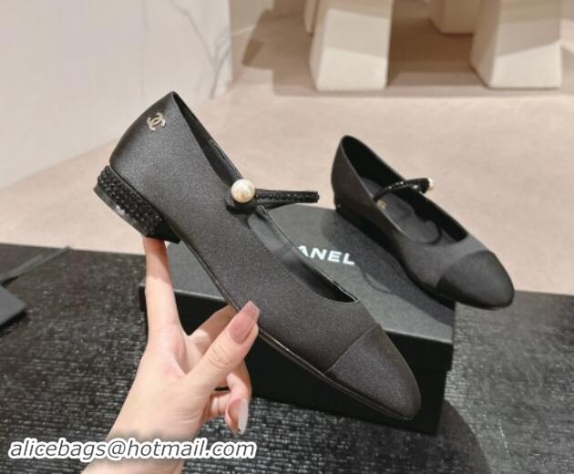 Best Product Chanel Silk Satin & Grosgrain Mary Janes Flat with Strass Black 910145