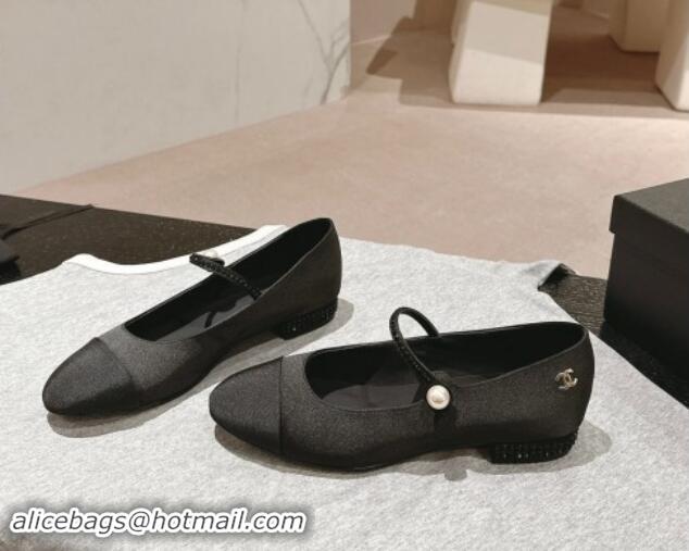 Best Product Chanel Silk Satin & Grosgrain Mary Janes Flat with Strass Black 910145