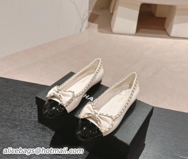 Top Design Chanel Calfskin Ballerina Flat with Chain and Bow White 91116