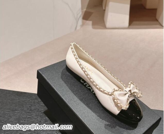 Top Design Chanel Calfskin Ballerina Flat with Chain and Bow White 91116