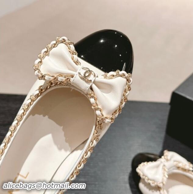 Top Design Chanel Calfskin Ballerina Flat with Chain and Bow White 91116