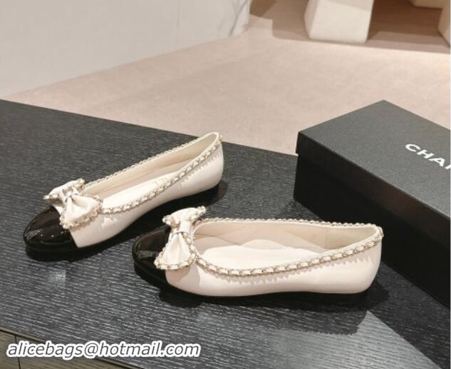 Top Design Chanel Calfskin Ballerina Flat with Chain and Bow White 91116