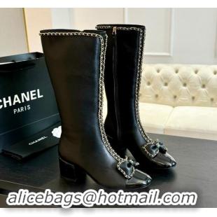 Charming Chanel Lambskin High Boots with Chain and Bow Black 091117