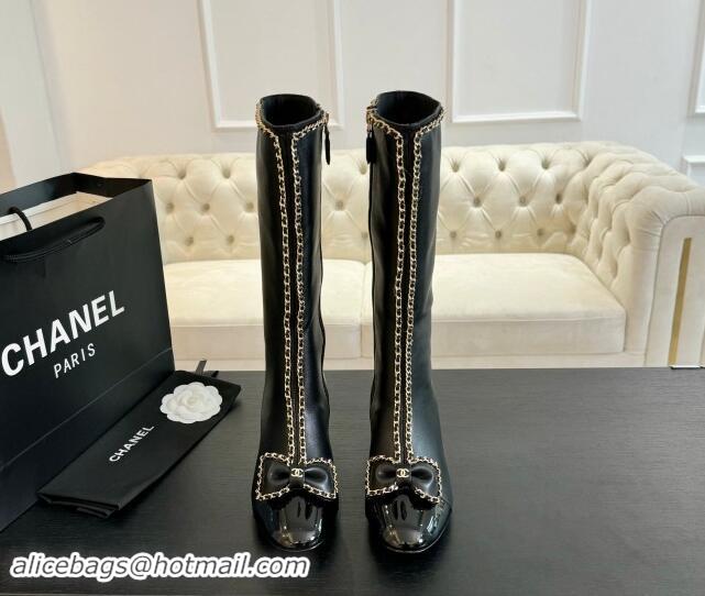 Charming Chanel Lambskin High Boots with Chain and Bow Black 091117