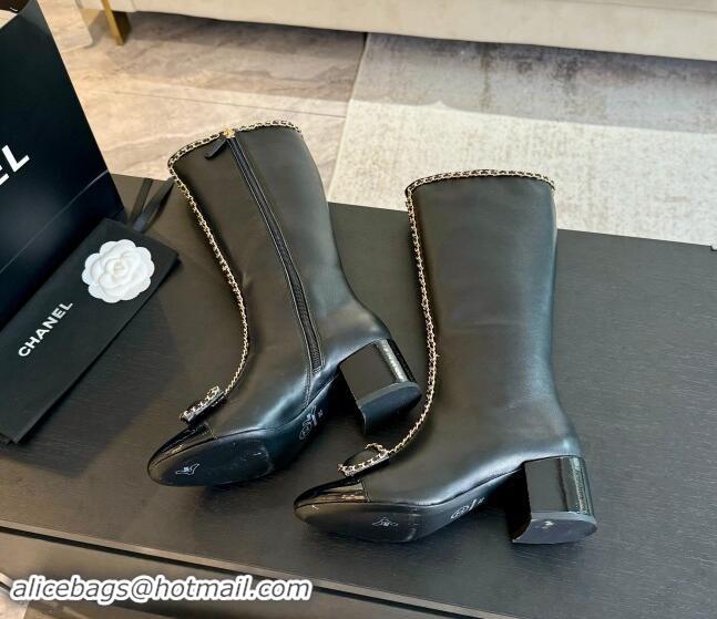 Charming Chanel Lambskin High Boots with Chain and Bow Black 091117