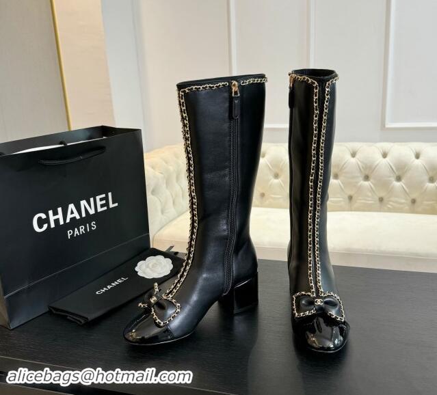 Charming Chanel Lambskin High Boots with Chain and Bow Black 091117