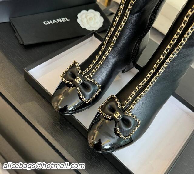 Charming Chanel Lambskin High Boots with Chain and Bow Black 091117