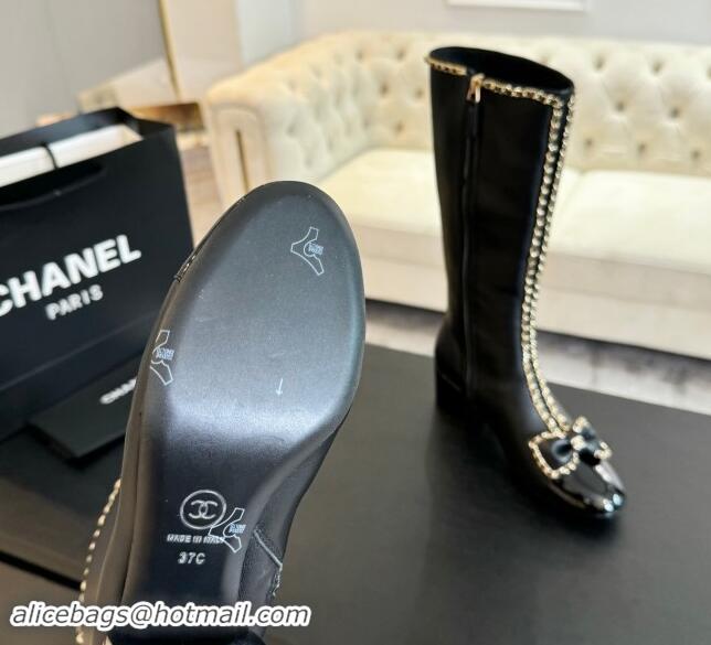 Charming Chanel Lambskin High Boots with Chain and Bow Black 091117