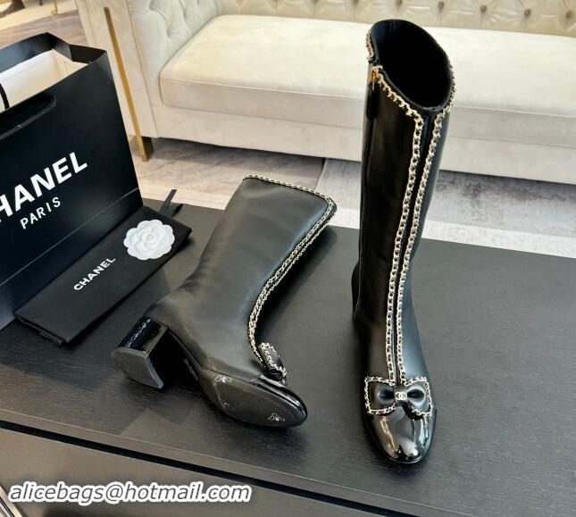 Charming Chanel Lambskin High Boots with Chain and Bow Black 091117